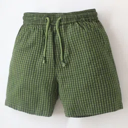 Cherry Crumble By Nitt Hyman Mini Gingham Checked Knee Length Elasticated & Draw Cord Closure With Pockets Shorts - Olive Green-image-2