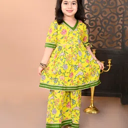 Superminis Cotton Half Sleeves Lace Embellished Floral Printed Kurta With Coordinating Sharara Set - Yellow-picture-10