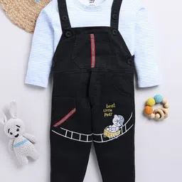 TOONYPORT Cotton Bear Embroidered Dungaree With Full Sleeves Striped Tee - Blue-image-31