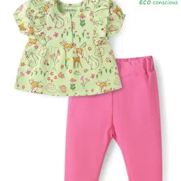 Babyoye 100% Cotton Knit Half Puffed Sleeves Eco Jiva Finish Top & Leggings Set with Jungle Theme Print - Light Green-picture-17