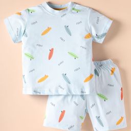Zero Sinker Knit Half Sleeves Shorts Co-ord Night Suit with Surf Board Print - Blue-picture-3