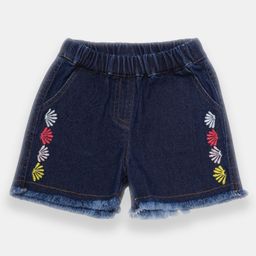 Creative Kids Denim Cotton Floral Embroidered Frayed Shorts - Navy Blue-picture-13