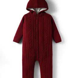 Babyhug Knit Full Sleeves Front Open Romper With Cable Knit Design - Dark Red-picture-15