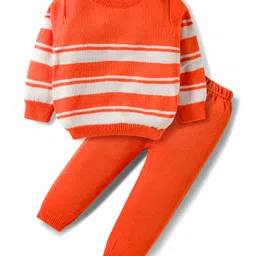 Babyhug Cotton Knit Full Sleeves Sweater Set With Stripes - Orange & White-picture-22