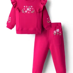 Babyhug Terry Knit Full Sleeves Top & Lounge Pant Co-ord Set With Floral Embroidery - Fuchsia-picture-32