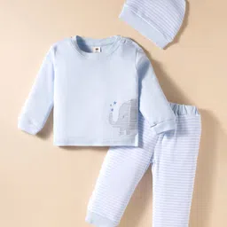 ToffyHouse Cotton Knit Full Sleeves Striped T-Shirt & Joggers Set with Cap & Animal Embroidery - Light Blue-picture-19