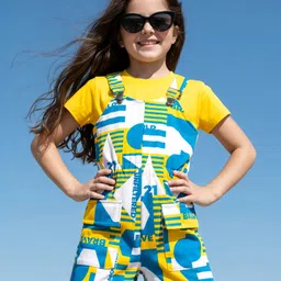 OLLINGTON ST. Cotton Printed Knit Dungaree & Half Sleeves Inner Top - Multicolor & Yellow-picture-23