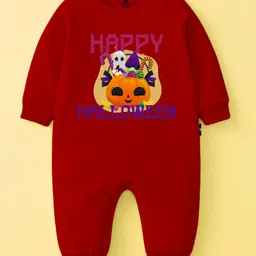 The Peppy Tend 100% Cotton Knit Halloween Theme Full Sleeves Happy Halloween Text Printed Romper - Red-picture-26