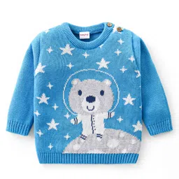 Babyhug Knitted Full Sleeves Pullover Sweater Set with Cap & Bear Design- Blue image 2