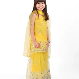 Babyhug Woven Sleeveless Net Sequins Embroidered Kurti Palazzo Set with Dupatta - Yellow image 2