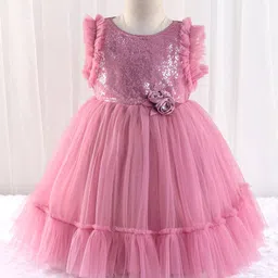 Babyhug Sleeveless Sequined Party Frock with 3D Floral Applique - Dusky Pink image 3