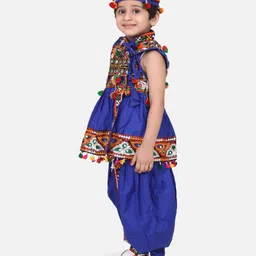 BownBee Navratri Theme Sleeveless Banjara Embroidered & Mirror Work Embellished Kediya Kurta & Dhoti With Coordinating Cap - Blue image 4