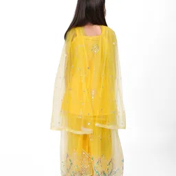 Babyhug Woven Sleeveless Net Sequins Embroidered Kurti Palazzo Set with Dupatta - Yellow image 3