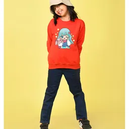 NUSYL Fleece Full Sleeves Kawaii Text Printed Oversized Sweatshirt - Red image 4