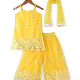 Babyhug Woven Sleeveless Net Sequins Embroidered Kurti Palazzo Set with Dupatta - Yellow image 4