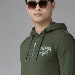 u.s. polo assn. denim co. U S Polo Assn Denim Co Men Green Full Sleeve Front Half Open Hooded Sweatshirt image 1