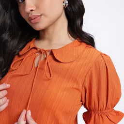 glitchez Seersucker Tie-Up Detail Peter Pan Collar Puff Sleeve Regular Top image 5