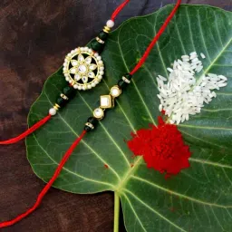 Karatcart Gold-Plated Kundan Rakhi with Roli Chawal & Greeting Card for Brother - Set of 2-image-38