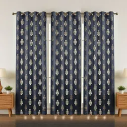 GEET CREATIONS Navy Blue Set of 3 Floral Room Darkening Long Door Curtain-picture-36