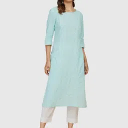 Fabindia Blue Cotton Embroidered Straight Kurta-picture-33