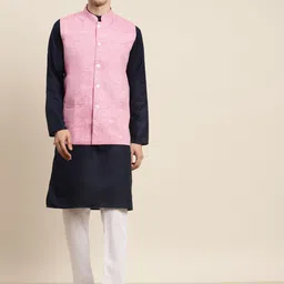 SOJANYA Men Navy Blue & Pink Kurta with Churidar & Nehru Jacket-picture-18