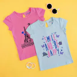 Pantaloons Junior Pink & Blue Cotton Printed T-Shirts-image-17