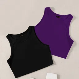 TOOCHKI Pack Of 2 Ribbed Round Neck Sleeveless Crop Tank Tops-picture-12