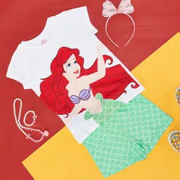 Pantaloons Junior Cotton Knit Disney Princess Featuring Half Sleeves Little Mermaid Printed Nightsuit - Green-image-87
