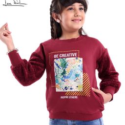 arias by lara dutta Arias Looper Knit Full Sleeves Sweatshirt With Fur Detailing & Foil Print - Maroon-picture-13