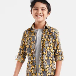 Rikidoos Full Sleeves Tortoise Printed Shirt With Attached Tee & Cap - Mustard & Black-picture-14