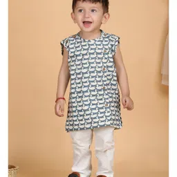 Polka Tots Cotton Sleeveless Swans Printed Jhabla & Pant Set - Grey-picture-23