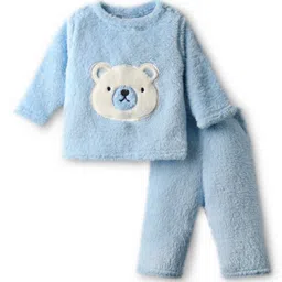 Babyhug Fur Woven Full Sleeves Winter Wear T-Shirt & Lounge Pant Set With Teddy Bear Patch - Light Blue-picture-34