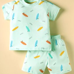 Zero Sinker Knit Half Sleeves Shorts Co-ord Night Suit with Surf Board Print - Light Green-picture-32