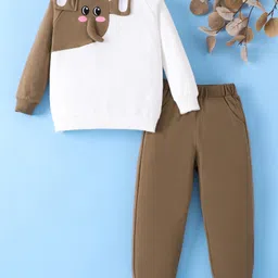 Mark & Mia Cotton Full Sleeves Winter Wear T-Shirt & Lounge Pant Set With Elephant Applique & Print - Brown-picture-26