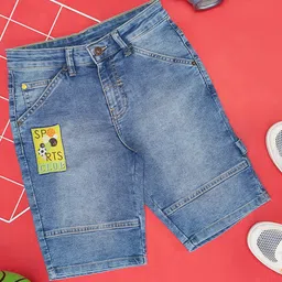 Pantaloons Junior Denim Sports Club Text Patch Detailed Mild Washed Shorts - Blue-picture-22