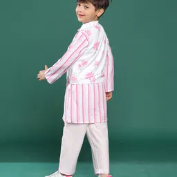 Tales & Stories Viscose Full Sleeves Floral Printed Kurta & Pyjama Set With Jacket - Pink image 3