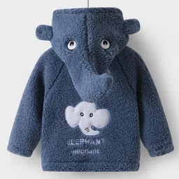 Kookie Kids Full Raglan Sleeves Solid Color Hooded Fur Jacket with Elephant Applique - Navy Blue image 2