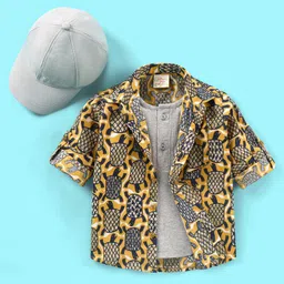 Rikidoos Full Sleeves Tortoise Printed Shirt With Attached Tee & Cap - Mustard & Black image 2