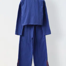 Spunkies Cotton Knit Full Sleeves Abstract Embroidered Shirt Style Top & Pant Set - Blue image 3