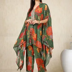 Soch Green Floral Printed V-Neck Three-Quarter Sleeves Top With Trouser image 3