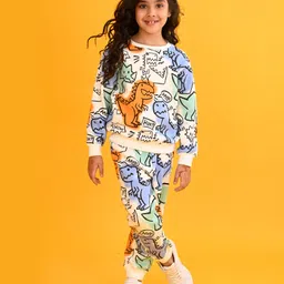 Anthrilo Fleece Full Sleeves Dinosaurs Printed Coordinating Sweatshirt & Joggers Set - White image 5
