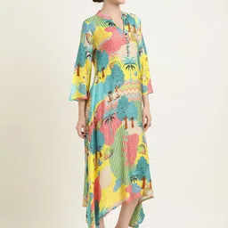 ZARI Women Tropical Printed Cotton A-Line Midi Dress image 3