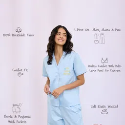 Blyssin Women 3-Pcs Printed Lapel Collar Neck Shirt With Pyjama & Shorts Night Suit image 3