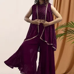 PARROT CREATION Embroidered Georgette Crop Top & Palazzos With Shrug-picture-38