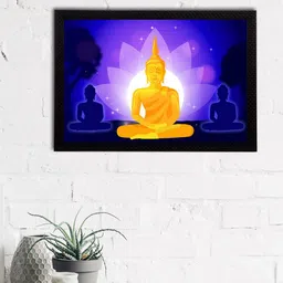 eCraftIndia Purple & Mustard Yellow Meditating Lord Buddha Printed Satin Matt Textured UV Wall Art image 1