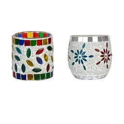 Somil Vibrant Multicolor Glass Candle Holder Add A Touch Of Magic To Diwali, Parties & Candlelight Dinners, Size-7 X 7 X 7 Cm , 8.5 X 8.5 X 9 Cm Pack OF 2 image 4