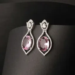 Priyaasi Pink Leaf Bud American Diamond Silver-Plated Drop Earrings-image-30