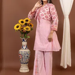 KIDAR Woven Design Round Neck Romantic Florals Tunic With Trousers & Jacket image 4