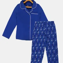 Kiddopanti Kids Royal Blue Printed Full Sleeves Shirt with Pyjamas-picture-26