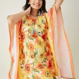 The Kaftan Company Yellow Floral Print Beachwear Kaftan-image-63